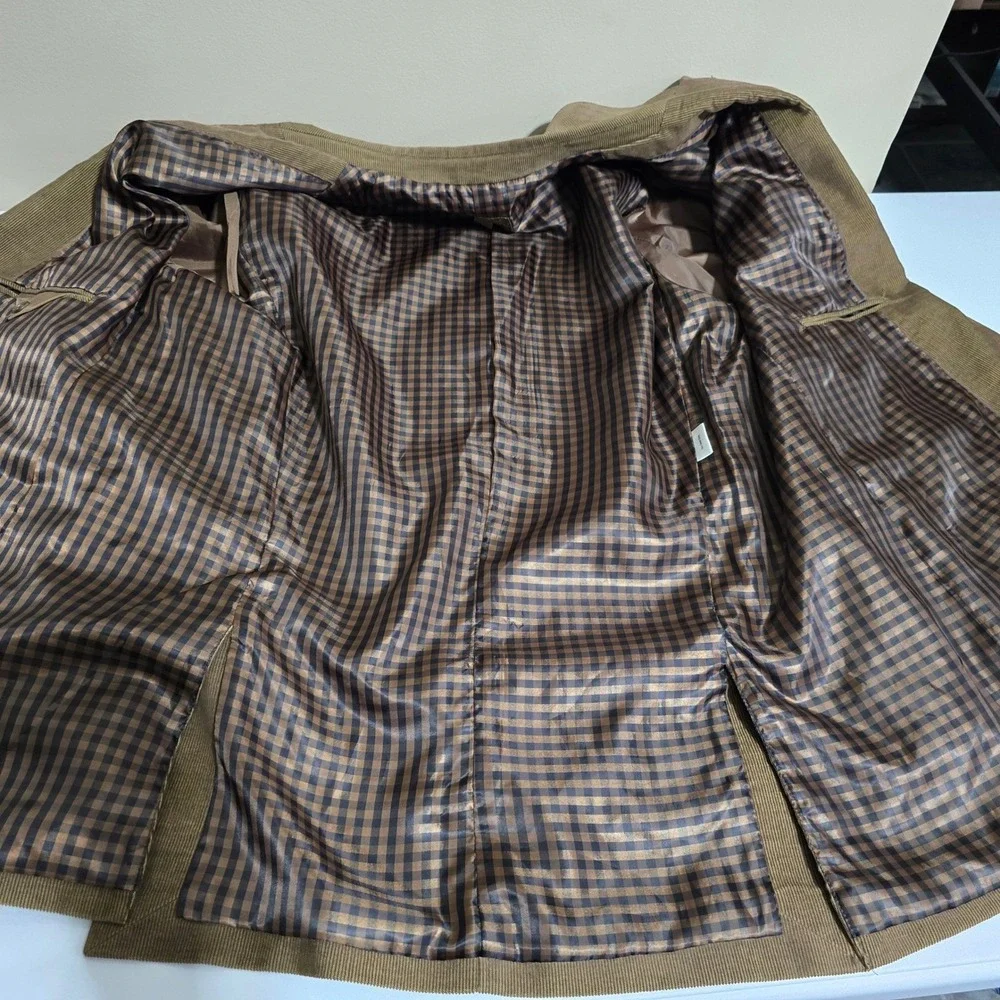 Corduroy Blazer Jacket Mens XXL Tan Brown Gingham Lined Two Button Sport Coat